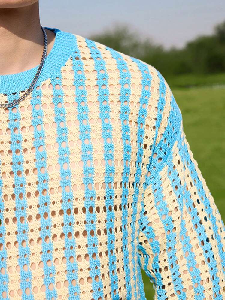 Manfinity CasualKnits 男士圆领短袖条纹镂空简约休闲针织上衣 - 彩色 - 查看 3