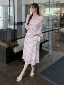 DAZY Đầm maxi họa tiết hoa nhí mùa xuân mới, đầm kiểu dáng thanh lịch đi biển, đầm dài tay họa tiết hoa loang lổ dành cho nữ, đầm xếp nếp, đầm mùa thu. - Hồng - Xem 4