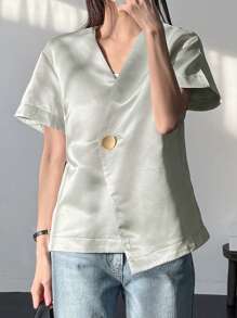 DAZY Summer New Vintage Design Satin Women Blazer Business Attire - Grey - View 3