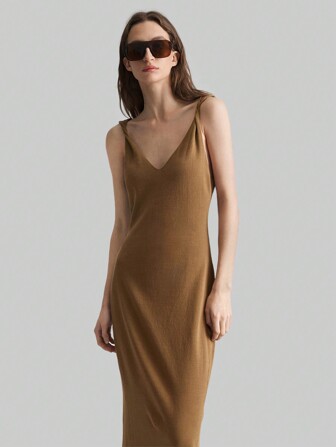 Ontre 2025秋冬新款女士无袖扭结吊带卡其色针织连衣裙，波西米亚风，度假休闲连衣裙，春夏圣诞装，秋冬新年服装