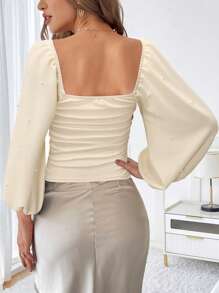 SHEIN Privé Áo thun nữ cổ vuông tay loe xếp ly màu trơn dáng ôm - Màu be - Xem 2