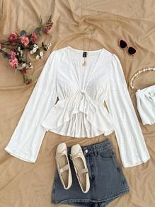 Soleia 女士度假白色纹理前开领带腰部喇叭下摆长袖衬衫，适合派对、约会、情人节、分层或单独穿着 - 白色 - 查看 5