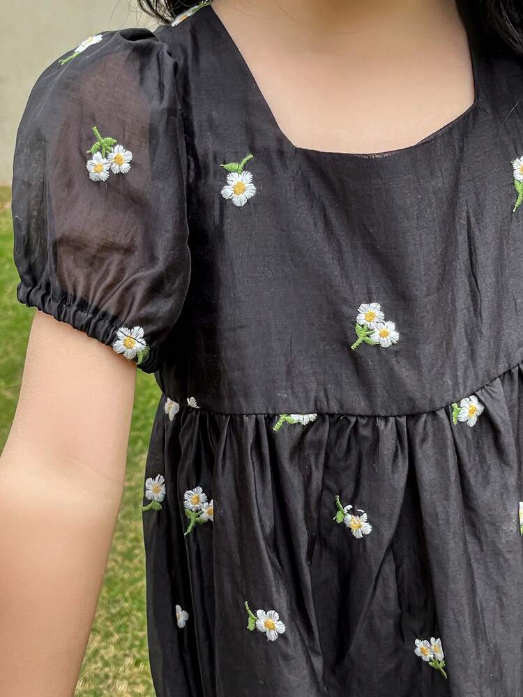 Floral Print Square Neck Short Puff Sleeve Dress For Young Girls Vacation