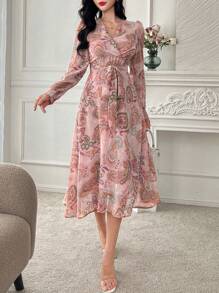 DAZY Spring New Valentine's Day Print Cinch Waist Sundress, Muse Tied Bowknot Elegant All-Over Print Dress For Women Boho,Ruffle