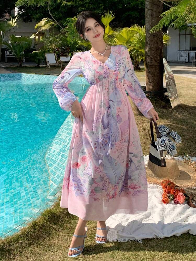 Spring New Valentines Floral & Animal Print Waist Sundress, Muse Dress, Vacation Style Dress, Elegant High Waist Ladies Dress,Fall Dress Long Sleeve Dress Maxi Dress