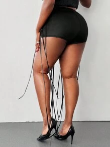 Maweii Plus Size Sexy Knit Faux Leather Draw String Tassel Shorts - Black - View 2