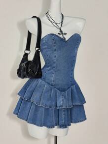 SHEIN ICON Women's Ruffle Hem Strapless Denim Dress, Y2k Clothes Women - Medium Wash - View 1