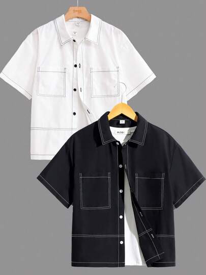 SHEIN Leap Crew 两件套青少年男童休闲度假日韩宽松黑白撞色衬衫多件套，适合上学、度假、日常通勤、海滩、婚礼、节日等场合。适合春夏季节穿着，适合内外穿着，也适合送礼。买一送一