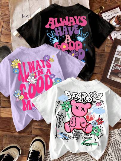 SHEIN 3pcs/Pack Tween Girls' Casual Minimalist Cartoon Print Multi-Pack T-Shirts, Suitable For Summer