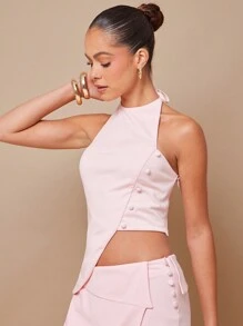 L'Amorae 夏季女士，女士，优雅春季不对称露背无袖粉色纽扣上衣，女式上衣，女式背心，夏季上衣，短款上衣，粉色上衣，办公室女性，老款，日常 - 淺粉色 - 查看 3