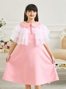 Váy cưới ren chắp vá màu hồng satin bóng cho bé gái tuổi teen có cổ áo xếp nếp và ngọc trai, dài vừa phải cho các buổi đi chơi, tiệc tùng, sinh nhật - Hồng - Xem 2