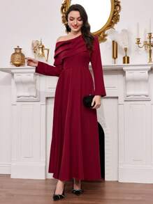 Modelyn Oblique Collar, Pleated Hem Patchwork Long Sleeve Women Long Dress Fall Cloth For Women - Burgundy - View 6