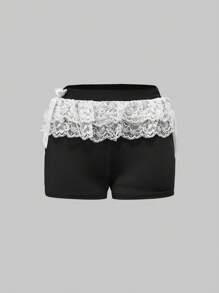 ROMWE Street Life Conjunto de 2 piezas de top de manga corta con cuello en V y estampado de carta y shorts de estilo casual de ballet multicapa con lazo para niña atlética - Negro - Ver 4