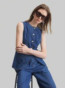 Ontre Áo vest denim xanh nữ Áo vest sọc Phong cách hàng hải Phong cách Old Money - Rửa trung bình - Xem 5