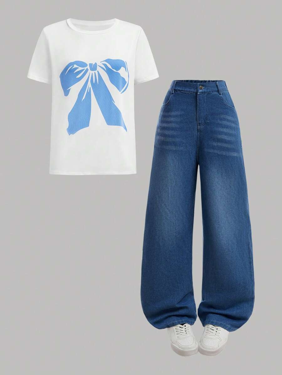 2件套少女复古美式豹纹短袖上衣和长裤套装