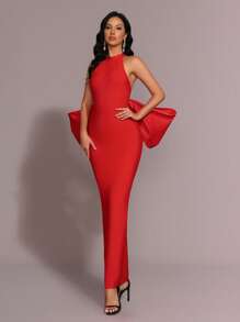 Glamrae 优雅手工红色蝴蝶结丝带女士正式晚礼服，浪漫风格 - 紅色 - 查看 4