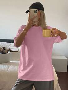 DAZY Solid Color Round Neck Long Loose Short Sleeve Women T-Shirt Summer - Pink - View 3