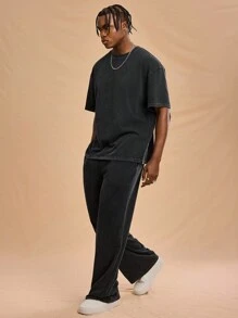 Forever 21 男士宽松休闲黑色T恤和长裤两件套，特殊工艺面料；适合春夏季穿着