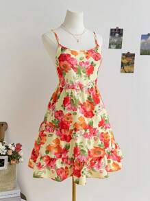 Soleia 女士彩色热带花卉印花休闲迷你连衣裙，无袖露背系带背心裙，适合度假、夏季野餐、浪漫漫步、春季