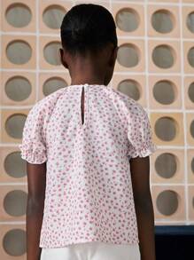 THE HAPPY LOOK Young Girls' Ditsy Floral Puff Sleeve Casual Shirt For Vacation