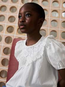 SHEIN 年轻女孩蕾丝领泡泡袖宽松白色衬衫 - 白色 - 查看 5