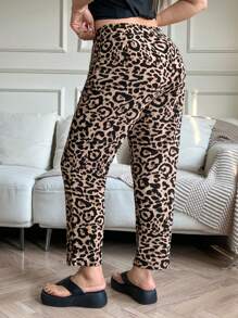 SHEIN EZwear Plus Size Women's Leopard Print Toothpick Design Casual Pants - Rust Brown - View 2