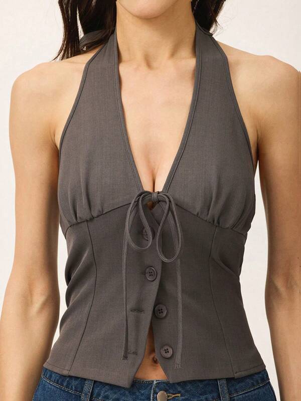Poéselle Women's Tank Top Halter Neck Button Fly Ties Grey Top Women's Solid Color Single Breasted Front Tie Halter Tops Summer Women Outfit Summer Tops Women Tops Tank Top Women Tank Tops Crop Women Tops Women Corset Tops Summer Clothes Spring Women Outfits Summer Women Tops Summer Women Clothes Y2k Clothes Women Clothing Halter Top Office Women Outfits