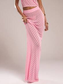 SHEIN BAE Women's Solid Color Elastic Waist Hollow Long Knit Skirt