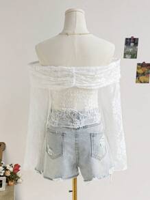 Soleia Blusa elegante y sexy de mujer con hombros descubiertos, encaje transparente y mangas de campana