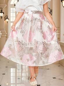 SHEIN Leap Crew Tween 女童欧根纱花朵提花褶皱腰荷叶边下摆裙，锦缎提花设计裙，适合花园茶会、春季郊游和度假 - 彩色 - 查看 9