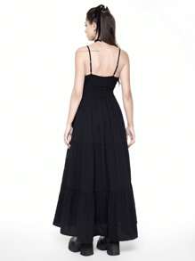 ROMWE Mystical Hippie Gothic Star & Moon Embroidered V-Neck Long Vacation Slip Dress - Black - View 5
