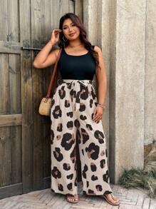 SHEIN LUNE Plus Size Women Square Neck Sleeveless Tie Waist Leopard Print Wide Leg Jumpsuit Spring Outfits For Women Summer Outfits For Women Summer Clothes Easter Outfit Women Western Wear Women - Multicolor - View 6
