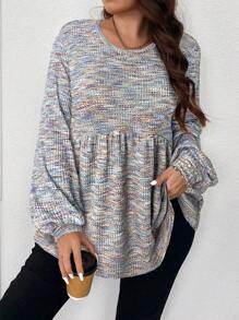 SHEIN LUNE 大码女式春/秋扎染印花荷叶边下摆灯笼袖圆领 T 恤