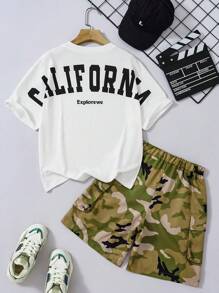 2pcs/Set Tween Boys Fashion White T-Shirt + Camouflage Shorts, Casual Outfit - White - View 1