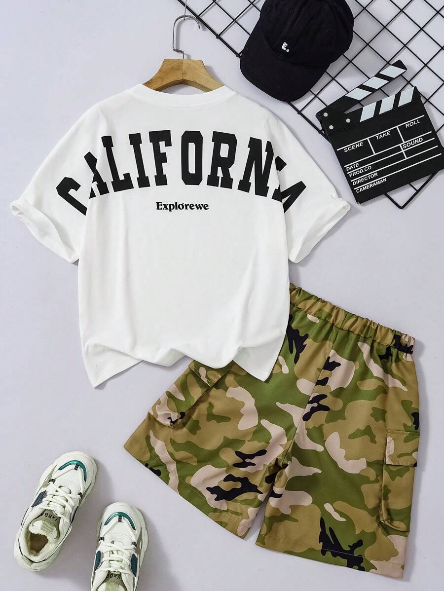 2pcs/Set Tween Boys Fashion White T-Shirt + Camouflage Shorts, Casual Outfit - White - View 1