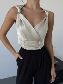 Firerie Neue Frühlings-/Sommer Office Pendler Elegante Aprikose & Leinen Drehteil Knopf Taille Saum Passförmige Satinbluse