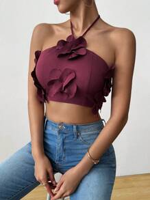 SHEIN Unity Women's Fashionable Versatile Strapless Tie Backless Floral Tank Top, Spring/Summer - Burgundy - View 1