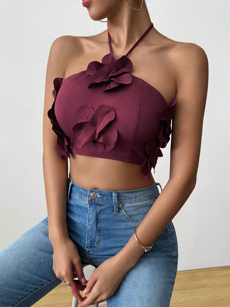 SHEIN Unity Women's Fashionable Versatile Strapless Tie Backless Floral Tank Top, Spring/Summer - Burgundy - View 1