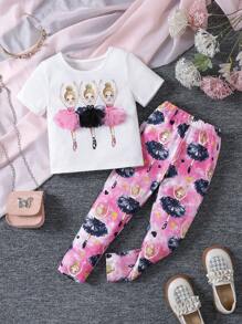 Cartoon Character Crew Neck Short Sleeve T-Shirt And Shorts 2 Pieces Casual Set For Young Girl - Multicolor - View 1
