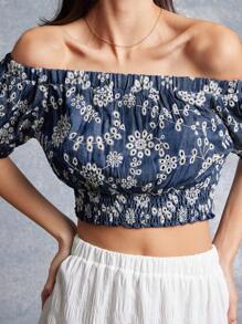WESTFADE Top corta con hombros al descubierto, mangas abullonadas y ojetes con estampado floral para primavera y verano