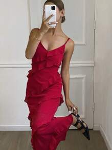 DAZY 安卡拉红色无袖 A 字连衣裙，带不对称荷叶边和高开衩，性感修身女士雪纺中长连衣裙舞会礼服太阳裙婚礼女士连衣裙 - 紅色 - 查看 3