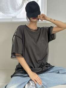 DAZY Loose Casual Mesh Layering Women T-Shirt, Minimalist Fashion For Everyday Oversized T-Shirt