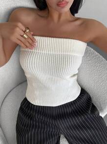INAWLY Solva Women Casual Minimalist Solid Color Tube Top Knit Pullover Fall Winter - White - View 1