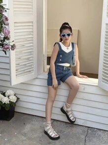Set de 2 piezas de look casual de moda coreana para niñas preadolescentes, con diseño estilizado Y2K que incluye top con tirantes y pantalones vaqueros anchos y lavados, colección primavera-verano 2025, apto para uso diario, fiestas y viajes