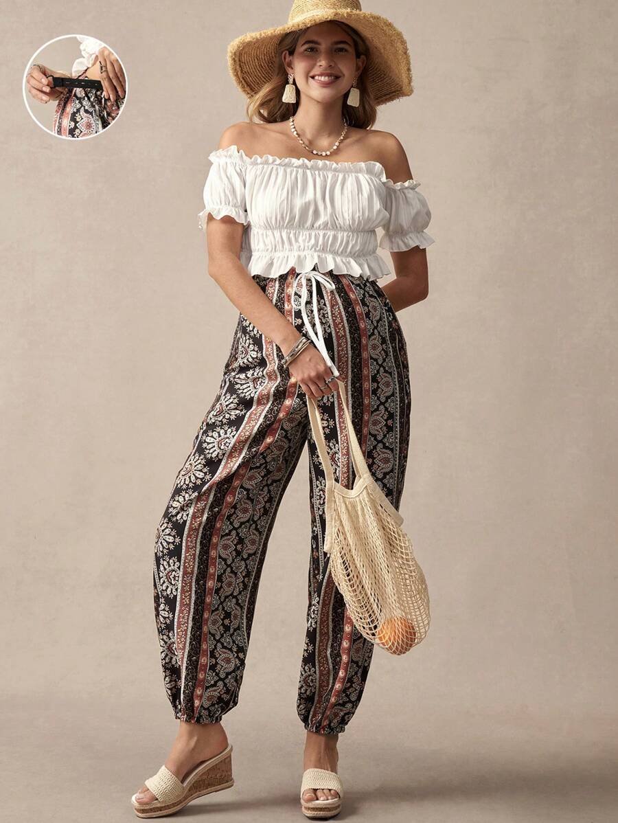 SHEIN 2pcs Maternity Solid Color Off Shoulder Short Sleeve Top & Pants Set