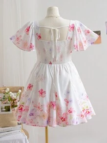 Soleia Plus Size Women Placement Floral Sweetheart Neck Ruffle Trim Short Sleeve Patchwork A-Line Dress - Multicolor - View 2