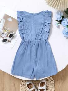 Baby Girl Spring/Summer New Leisure Vacation Style Blue Romper, Made Of Lightweight Denim Effect Fabric, With Floral Embroidery And Ruffle Short Sleeves, Creating A Sweet And Fresh Vibe