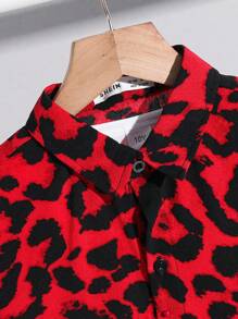 SHEIN Tween Boy Summer Casual Leopard Print Short Sleeve Polo Shirt - Red - View 4