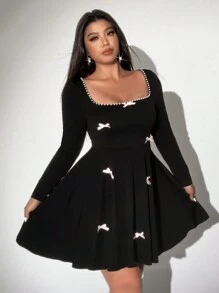 Viva Relle Plus Size Women Elegant Ruffle Trim Bow Decor Flare Sleeve Romantic Date Party Dress