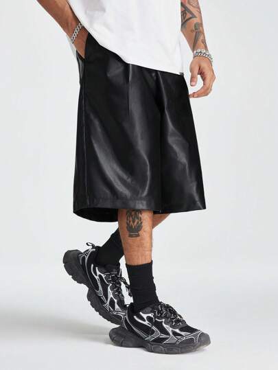 AXEPEAK Pantaloncini casual in pelle sintetica da uomo, gamba dritta morbida, minimalista e alla moda per uso quotidiano, stile streetwear